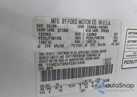 2000 Ford Explorer Xls z USA, uszkodzony, nr VIN 1FMZU72X4YZB73408